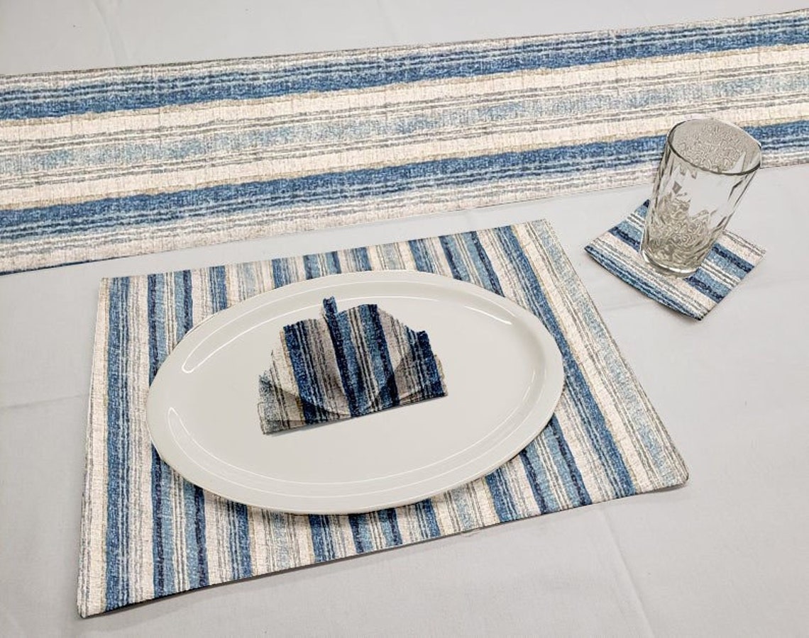 Blue Gray Beige Stripes Table Runner Placemats Coasters and Etsy