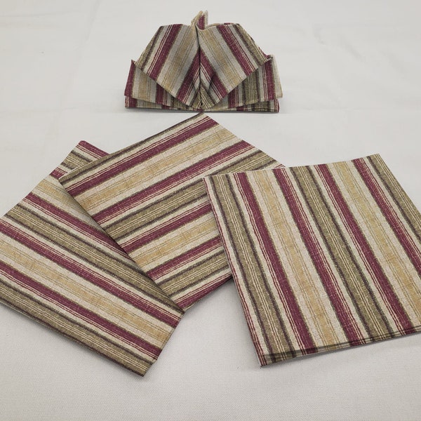Burgundy Green Mustard Beige Stripes Cloth Napkins (Set of 4)