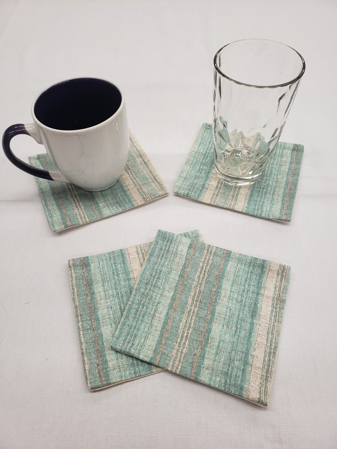 Teal Green Gray Beige Stripes Coasters (Set of 4)