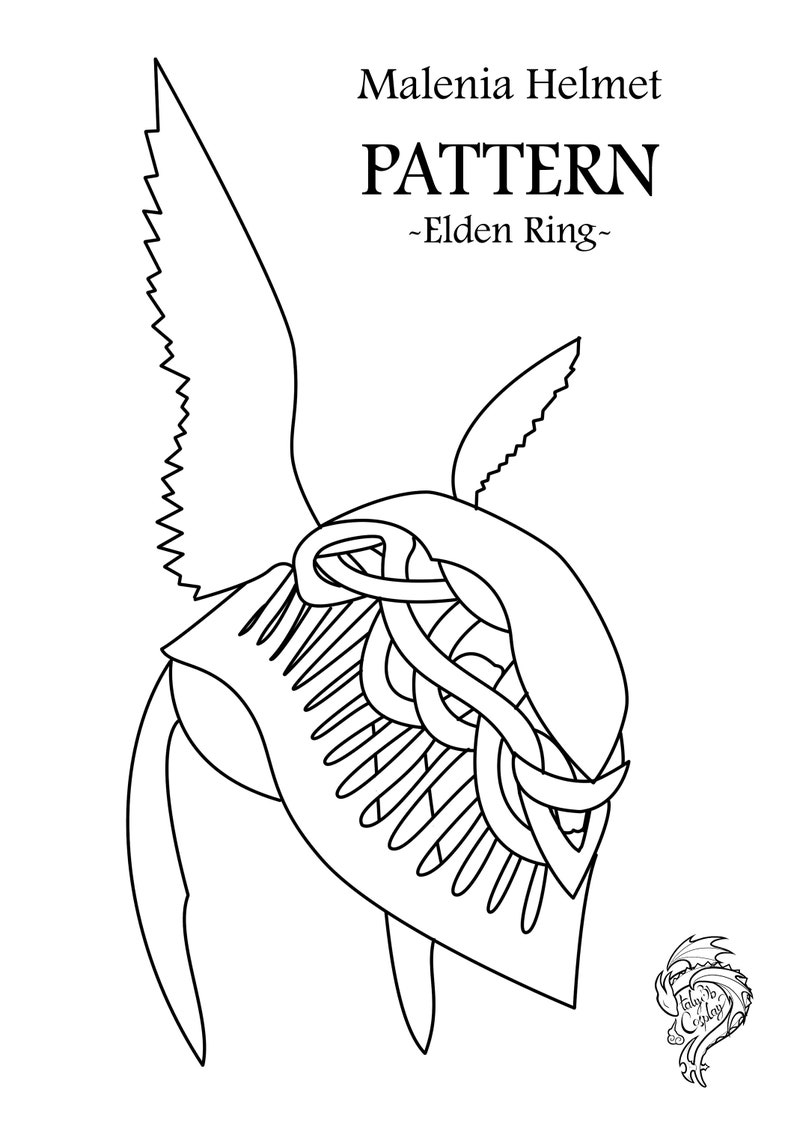 May include: Line art drawing of a helmet with wings, titled "Malenia Helmet PATTERN -Elden Ring-"