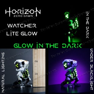 May include: A white, black, and green "Horizon Zero Dawn" Watcher Lite Glow figurine. The figurine is approximately 2 inches tall. The image shows the figurine under natural lighting, in the dark, and under blacklight, highlighting its glow-in-the-dark features.