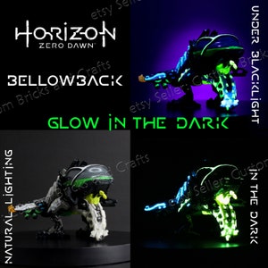 May include: A detailed, glow-in-the-dark Bellowback figurine from the video game Horizon Zero Dawn. The image shows the figurine under natural light, blacklight, and in the dark, highlighting its glowing features. The text "Horizon Zero Dawn", "Bellowback", and "Glow in the Dark" are visible.