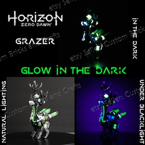 May include: A detailed, illuminated Grazer figurine from the "Horizon Zero Dawn" video game. The figure is shown under natural lighting, and in the dark, with a glowing green and blue effect. The text "GLOW IN THE DARK" is also visible.