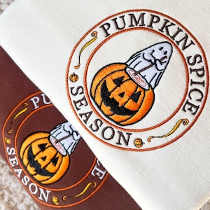 パンプキンスパイスゴースト刺繍スウェットシャツ、秋用ジャンパー