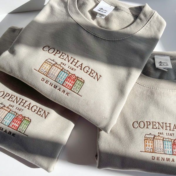 Copenhagen Denmark Embroidered Sweatshirt, Embroider Sweater,  Nyhavn Colourful Design, Vintage Jumper Embroidery, Tourist City Crewnecks