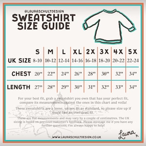 K&ouml;nnte beinhalten: Sweatshirt-Gr&ouml;&szlig;entabelle mit Brustumf&auml;ngen von 51 cm bis 86 cm und L&auml;ngen von 69 cm bis 86 cm. Enth&auml;lt die UK-Gr&ouml;&szlig;en 8-10 bis 22-24. Die Tabelle enth&auml;lt auch den Text "SWEATSHIRT SIZE GUIDE" und die Website-Adresse.
