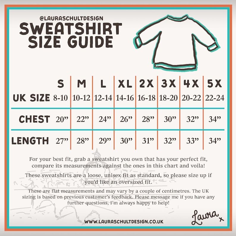 K&ouml;nnte beinhalten: Sweatshirt-Gr&ouml;&szlig;entabelle mit Brustumf&auml;ngen von 51 cm bis 86 cm und L&auml;ngen von 69 cm bis 86 cm. Enth&auml;lt die UK-Gr&ouml;&szlig;en 8-10 bis 22-24. Die Tabelle enth&auml;lt auch den Text "SWEATSHIRT SIZE GUIDE" und die Website-Adresse.