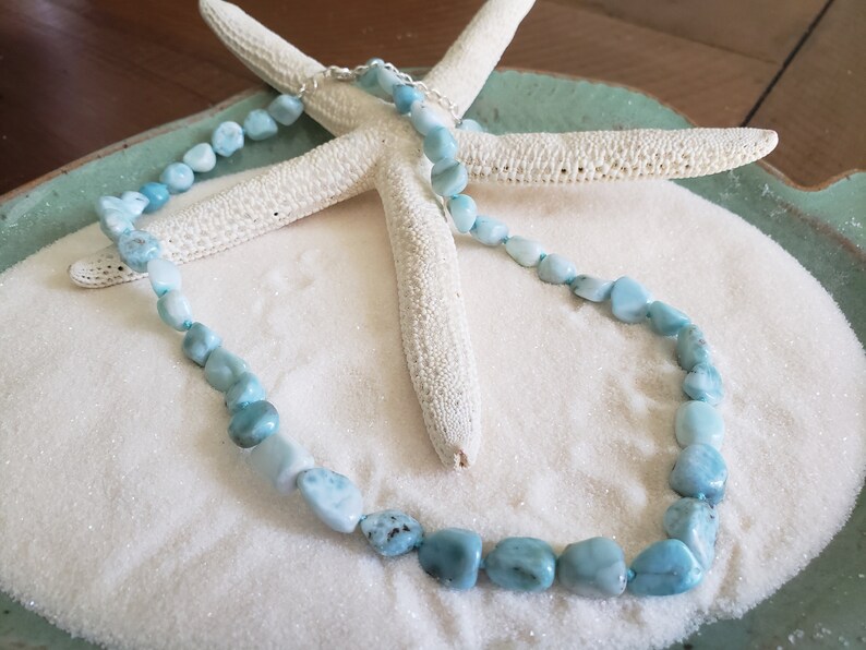 Natural Stone Blue Larimar Freedom Nugget Shape Necklace Silver Clasp 18'' Natural Stone Blue Larimar Freedom Nugget Shape Necklace Silver Clasp 18''
