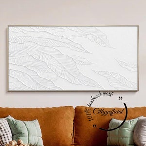 Large White Abstract Painting,White Texture Painting,White Wall Art,White Canvas Acrylic Painting,White Textured Leaves Painting,Home Decor