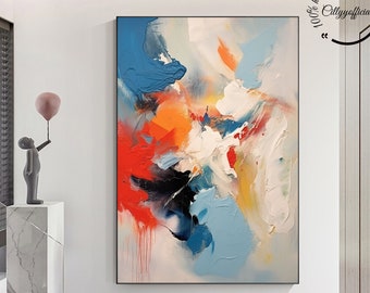 Grande pittura astratta colorata, pittura strutturata bianca blu, arte astratta minimalista, pittura acrilica moderna, decorazione murale Boho