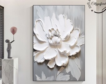 Pintura al óleo de flor blanca original en 3D sobre lienzo, pintura texturizada de flor blanca, pintura acrílica de flores, arte de pared texturizado de flores, decoración del hogar