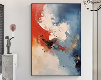 Grande pittura astratta originale blu rosso, pittura a olio astratta minimalista, arte murale astratta acrilica, pittura contemporanea, decorazioni per la casa