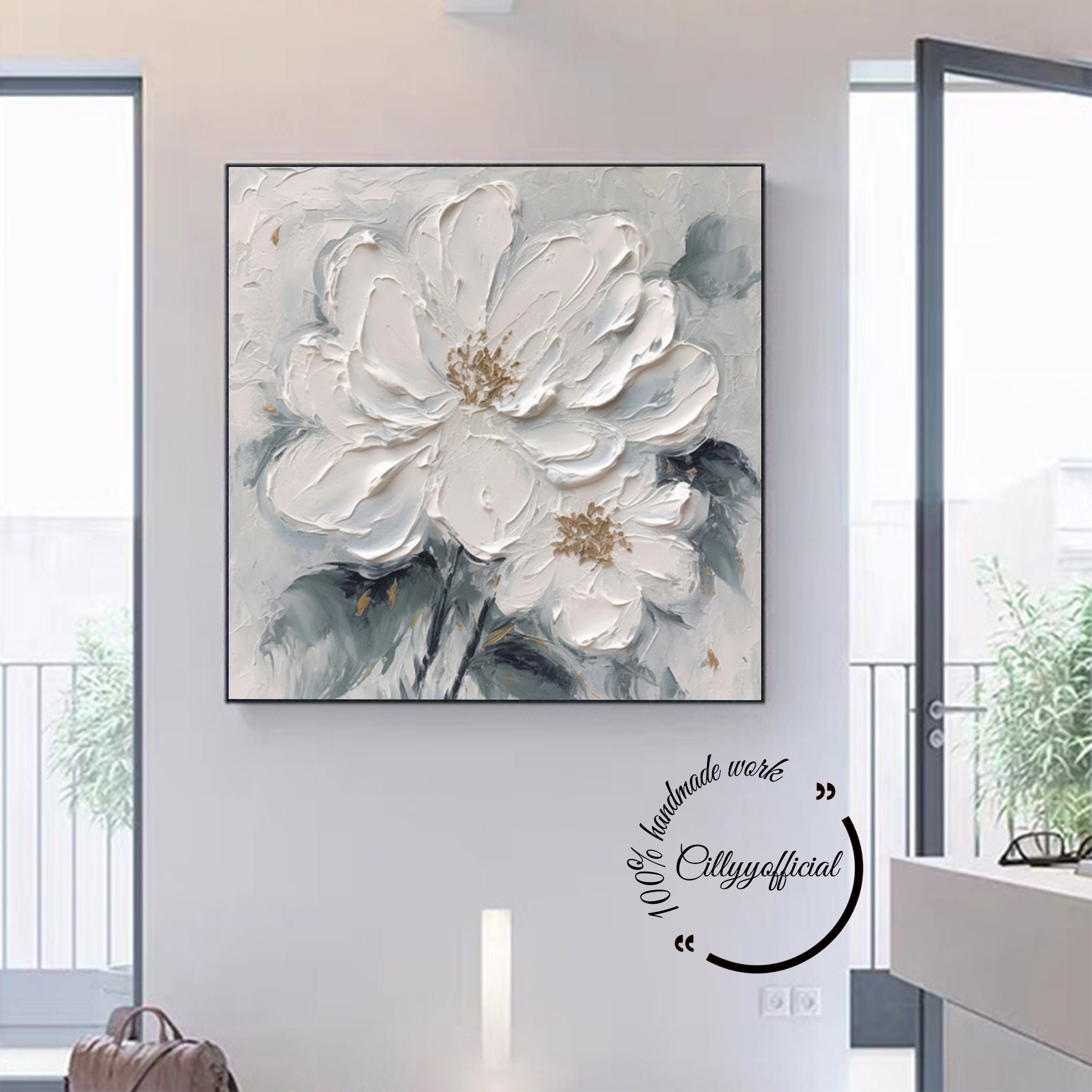 Large 3D White Flower Oil Painting on Canvas,3d Flower Acrylic Painting