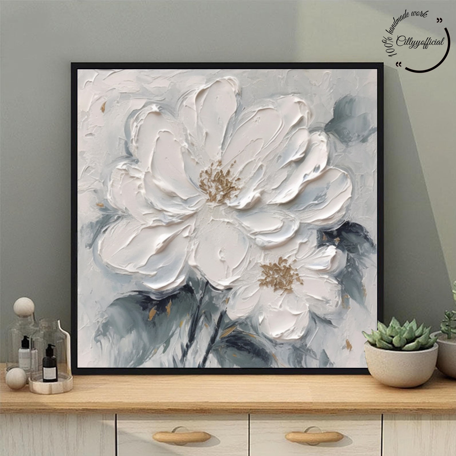 Large 3D White Flower Oil Painting on Canvas,3d Flower Acrylic Painting