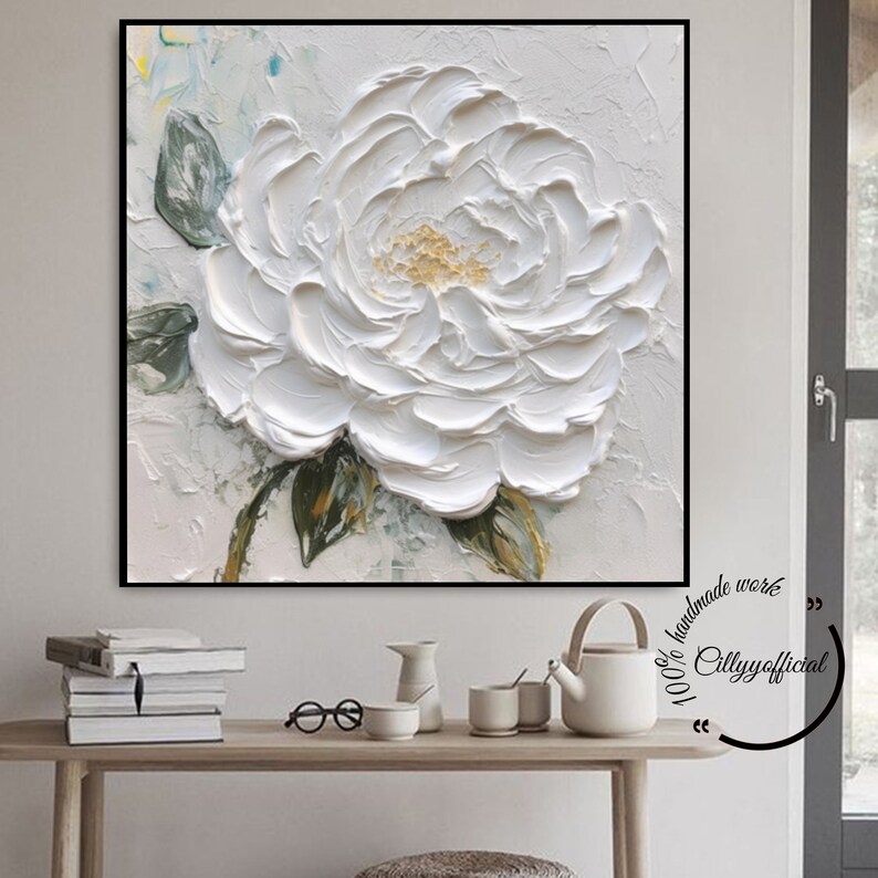 Large 3D White Flower Oil Paintingwhite Textured Flower Wall Etsy
