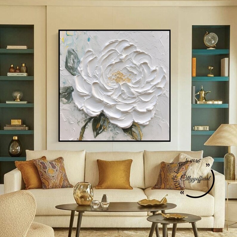 Large 3D White Flower Oil Paintingwhite Textured Flower Wall Etsy