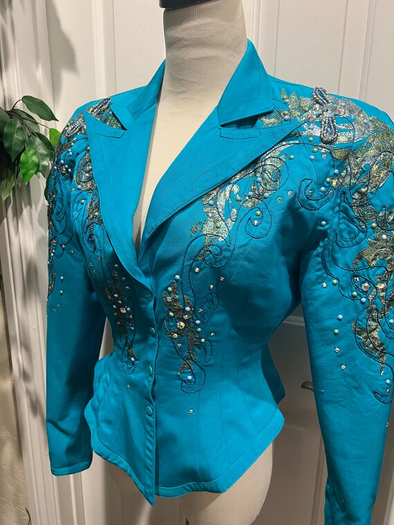 Vintage fit and flare adorned turquoise jacket