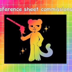 Peut inclure: Illustration d'un personnage ressemblant à un ours tenant un pinceau avec de la peinture qui coule. Le personnage est dans un dégradé de jaune, d'orange et de rose. Le texte dit "Reference sheet commissions!!!".