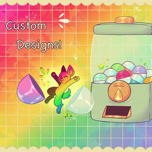 Peut inclure: Une illustration colorée d'un distributeur de billes avec un fond arc-en-ciel. Le distributeur de billes est rempli de billes colorées. Le texte "Custom Designs!" est écrit dans le coin supérieur gauche de l'image.