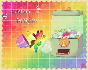 May include: A colorful illustration of a gumball machine with a rainbow background. The gumball machine is filled with colorful gumballs. The text "Custom Designs!" is written in the top left corner of the image.