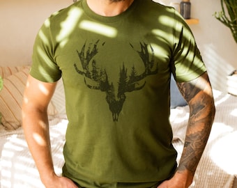 Forest Elk Skull Graphic Tee - Mountain Adventure T-Shirt