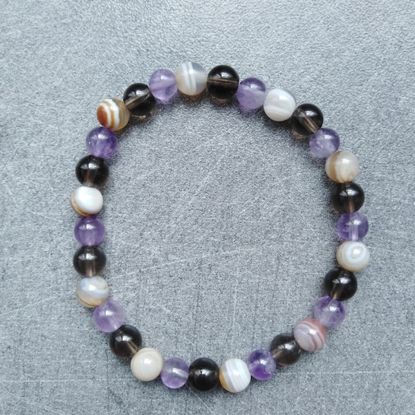 Trio arret du tabac : agate botswana, amethyste et quartz fumee