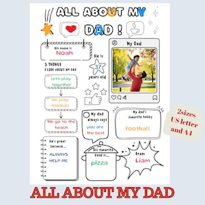 Personalized  DIY Gift for Dad. All About My Dad. Fathers Day o Birthday Coloring In Page, Printable Template. Letter format and A4.