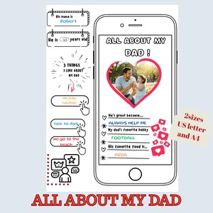 Fathers Day o Birthday Coloring In Pages, All About My Dad, Personalized Gift for Dad from Kids, Printable Template. Letter format and A4.