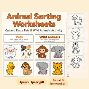 Folhas de atividades com animais, para recortar e colar, para imprimir, para crianças, tema de animais de estimação e animais selvagens, livro de atividades para educação domiciliar, tamanho A4 e carta