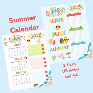 Summer Calendar, Summer Schedule, Wall Calendar 2025, Summer Planner, Instant Download, Letter 8.5*11 and A4