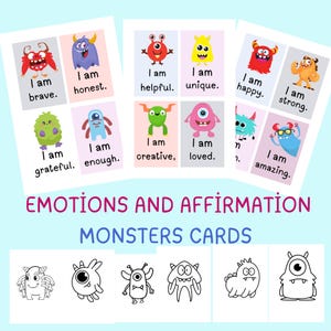 Carte di emozioni e affermazioni mostri per bambini, mostri da colorare
