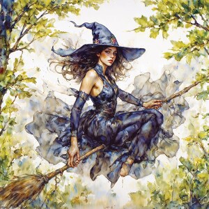 Witch flying on a broomstick watercolour print, enchanting Halloween wall art, great gift for witchcraft lovers or unique decor