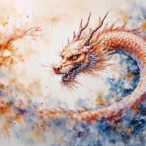 Aquarellmalerei eines majestätischen chinesischen Drachen, stürmischer Himmelskunstwerk, perfekt für Wohnkultur oder einzigartiges Geschenk für Drachenliebhaber