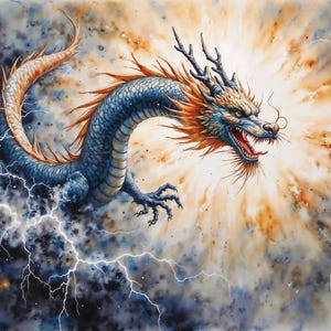 Aquarellmalerei eines majestätischen chinesischen Drachen, stürmischer Himmelskunstwerk, perfekt für Wohnkultur oder einzigartiges Geschenk für Drachenliebhaber