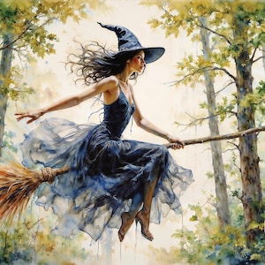 Witch flying on a broomstick watercolour print, enchanting Halloween wall art, great gift for witchcraft lovers or unique decor