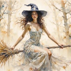 Witch flying on a broomstick watercolour print, enchanting Halloween wall art, great gift for witchcraft lovers or unique decor