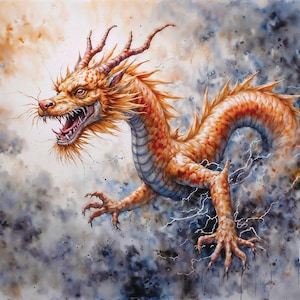 Watercolour Painting of a Majestic Chinese Dragon, Stormy Sky Artwork, Perfect for Home Decor or Unique Gift for Dragon Lover