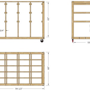 May include: Diagram of a wooden rolling cart with shelves. The cart is 68 inches tall, 20 3/4 inches wide, and 63 inches deep. The cart has four wheels and a total of 10 shelves. The shelves are 29 1/8 inches wide and 45 inches deep. The cart is made of wood and has a natural finish.
