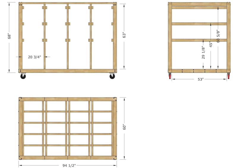 May include: Diagram of a wooden rolling cart with shelves. The cart is 68 inches tall, 20 3/4 inches wide, and 63 inches deep. The cart has four wheels and a total of 10 shelves. The shelves are 29 1/8 inches wide and 45 inches deep. The cart is made of wood and has a natural finish.
