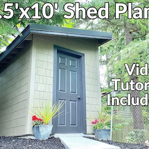May include: A 6.5' x 10' shed with a gray exterior and a dark gray door. The shed has a modern design with a sloped roof. The shed is surrounded by landscaping and a fence. The text "Video Tutorial Included" is visible in the image.