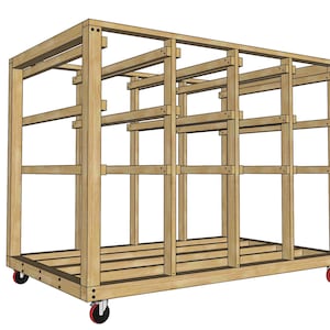 May include: A wooden storage rack with shelves and wheels. The rack is made of unfinished wood and has a rectangular shape.