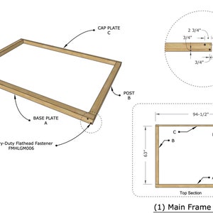 May include: Diagram of a wooden frame with dimensions labeled in inches. The frame is made up of four pieces: a base plate, two posts, and a cap plate. The frame is 94-1/2 inches long and 63 inches wide.