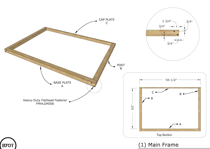 May include: Diagram of a wooden frame with dimensions labeled in inches. The frame is made up of four pieces: a base plate, two posts, and a cap plate. The frame is 94-1/2 inches long and 63 inches wide.
