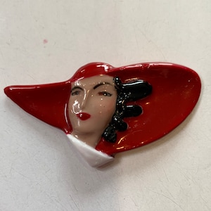 1930s Inspired Hand Painted Resin Brooch, Glamorous Lady in Hat