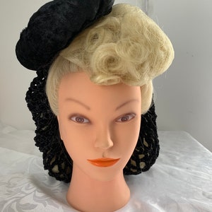 Black Velvet Tilt hat and attached Snood Vintage Inspired