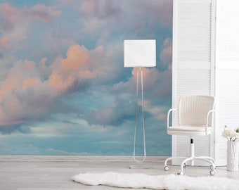 Pastel Color Clouds Mural Peel & Stick or Non Woven Vintage Style Sky Wallpaper Landscape Sky Storm Wall Decor Watercolor illustrated Mural