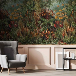 Illustrazione di funghi vintage, piante tropicali, carta da parati staccabile e adesiva o non tessuta, murale floreale, fungo, giungla, natura, riproduzione di pittura a olio
