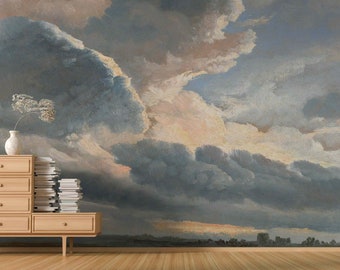 Sky Peel & Stick or Non Woven Wallpaper Vintage horizon painting Watercolor Stormy sky Cloud scene Skyview Mural Wall Home decor Skylight
