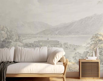 Soft Neutral Landscape Wall Mural Minimalist Mountain View Wallpaper Elegant Vintage Scene for Bedroom Room Peel & Stick or Non Woven