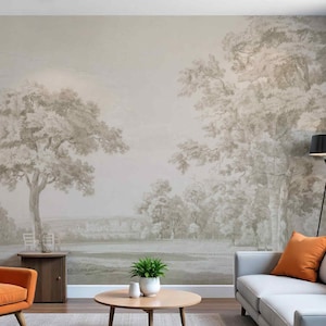 Papel de parede estético vintage bege com efeito florestal, removível e colante ou mural de parede não tecido para pintura a óleo de parede, paisagem retrô com árvores